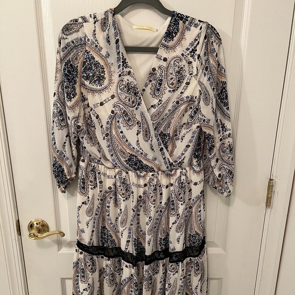 Women's Chiffon Dress White Black Blue Floral with Belt